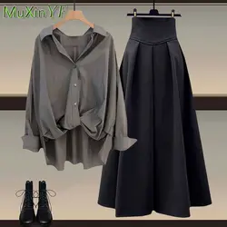 2024 Dames Zomer Nieuw Chic Grijs Zonnebrandcrème Shirt + Hoge Taille Midi Rok Tweedelig Pak Koreaanse Elegante Blouse Jurk Bijpassende Set