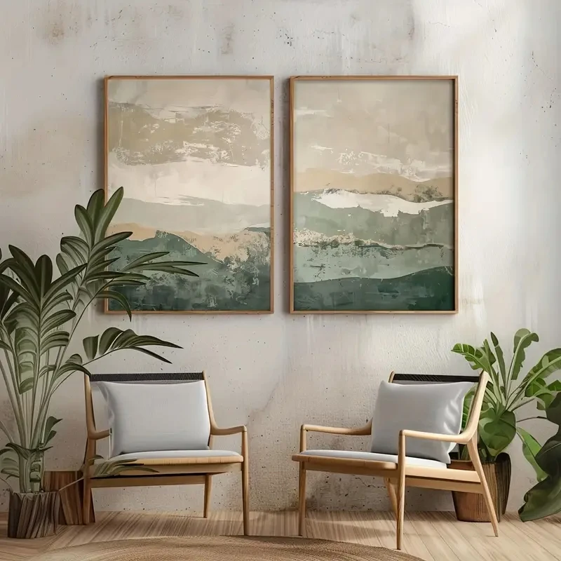 2pcs/set Wabi Sabi Abstract Geometric Canvas Print Green Mountain Range Japanese Korean Style Wall Art Posters for Home Decor