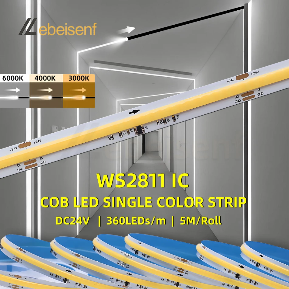 סטריפ תאורה LED RA90 COB WS2811 באורך 5 מטרים, DC24V, עם 360 לדים ניתנים לכתובת, עם אפקט זרימה גמיש של 3000K/4000K/6000K לקישוט פנים בבית
