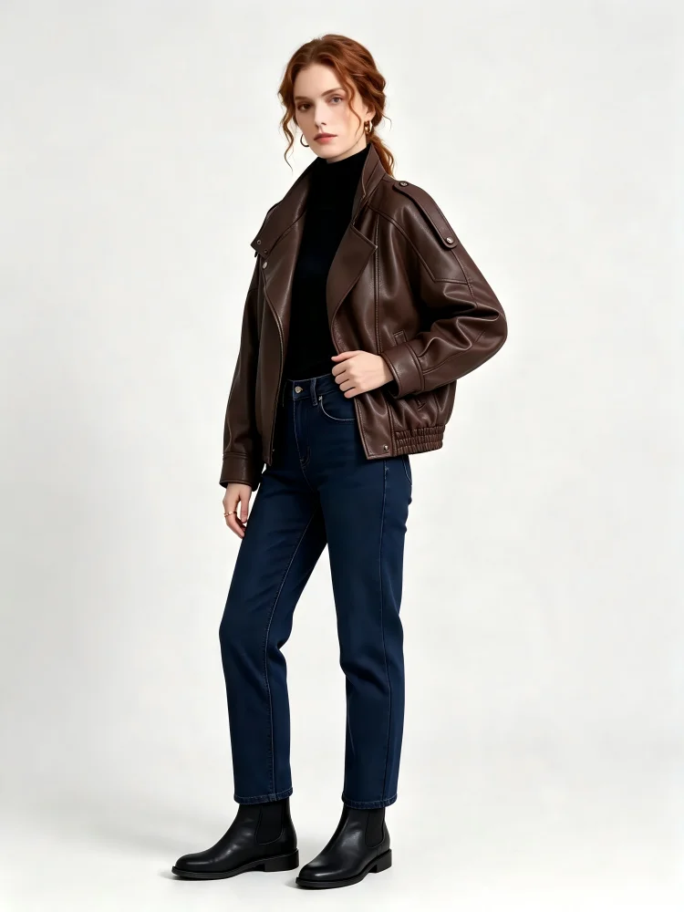 Women Oversized Short Aviator Leather Jacket Lapel Zipper Long Sleeve Biker Moto Coat Casual Streetwear Outdoor Outerwear