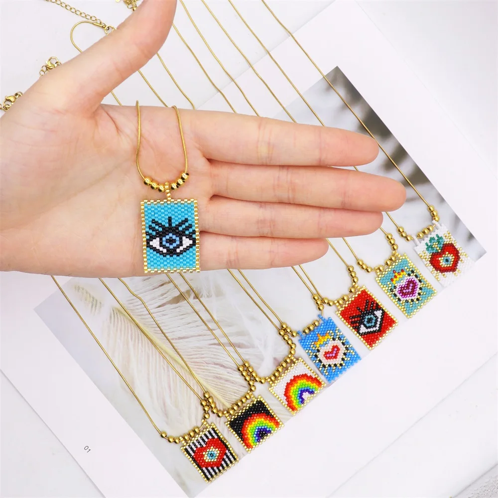 Miyuki Beaded Handmade Charm Necklace for Women Adjustable Stainless Steel Chain Evil Eye & Heart Boho Jewelry Teen Girl