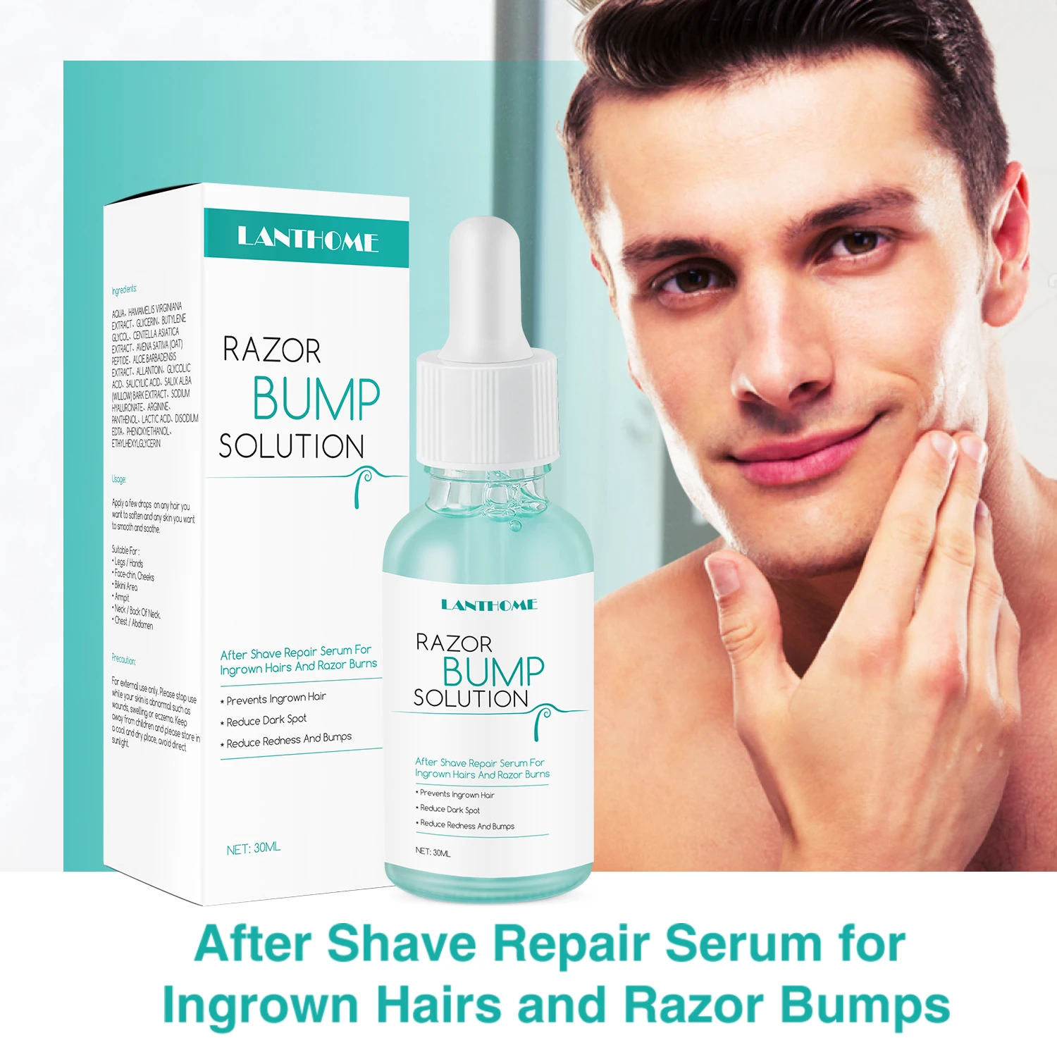 Lanthome-Razor Bumps Remoção Solução para Tratamento Capilar, Reparo Após Barba, Mancha Escura, Reduzir Vermelhidão, Soro para Cuidados com a Pele Espanhol