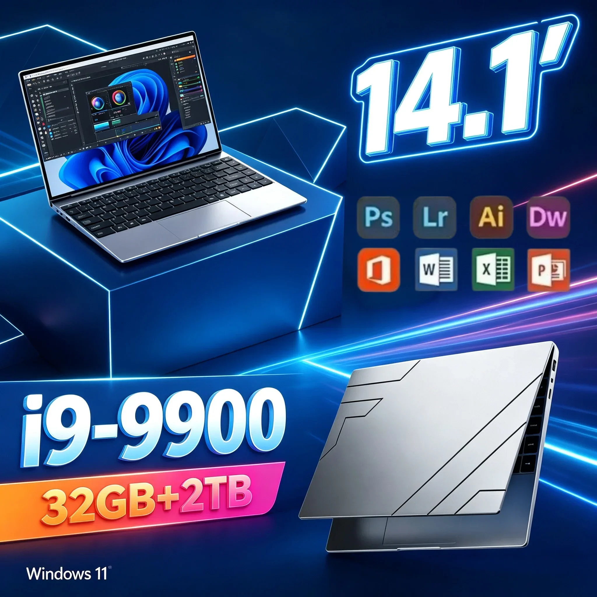 14.1'' Light High‑Speed Notebook Intel I9‑9900 32GB RAM 1TB 2TB SSD Windows11 Portable Laptop Computer For Student Office Home