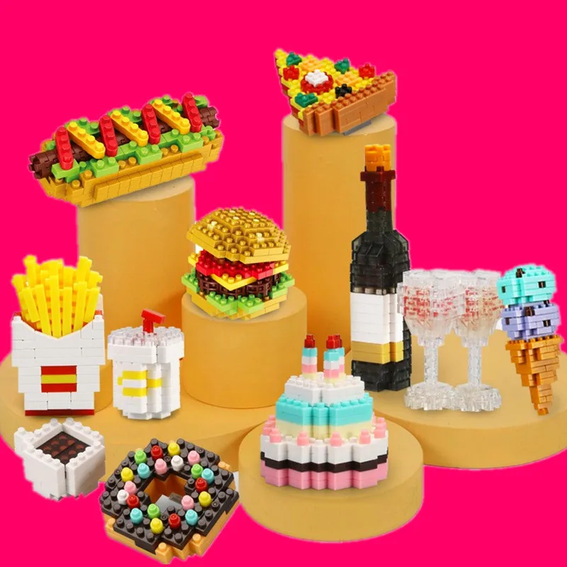 Mini Fast-Food-Bausteine DIY Food Burger Pommes Pizza Hot Dog Wein 3d Modell Montage Ziegel Kinder Lernspiel zeug Geschenk