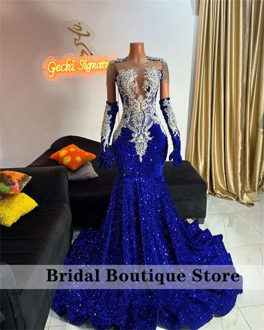 Royal Blue Diamonds Long Prom Dress For Black Girls With Two Gloves Beads Crystals Birthday Party Wedding Reception Customized image 2