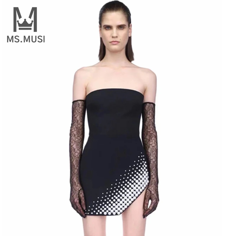 

MSMUSI 2023 New Fashion Women Sexy Strapless Pearl Beading Crystal Sleeveless Backless Bandage Party Bodycon Event Mini Dress