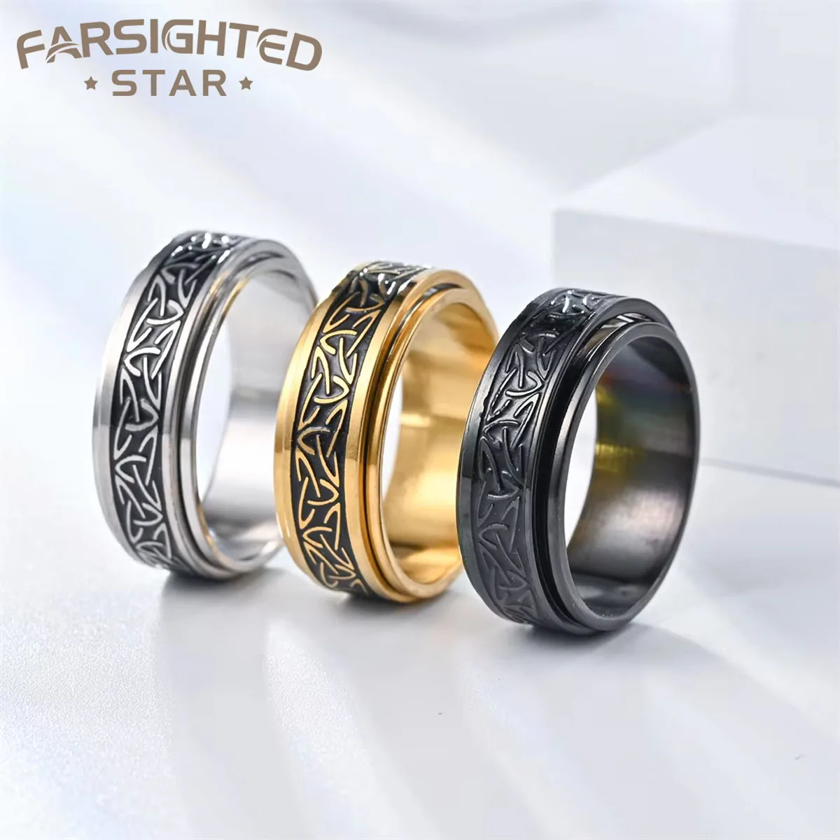 Neue Wikinger-Keltische Knoten-Rune Edelstahlringe für Männer, drehbarer Anti-Stress-Angst-Relief-Spinnring, Anillo Antiestres
