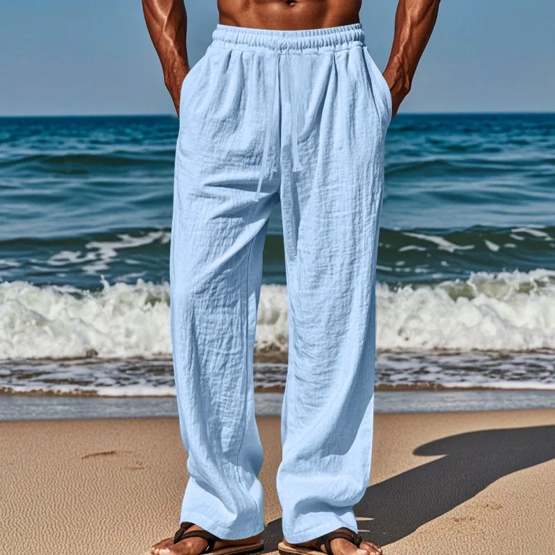 

Summer New Men's Casual Pants Loose Comfortable Wide Leg Pants Vacation Hawaii Pants With Drawstring Elasticized Men's Pants