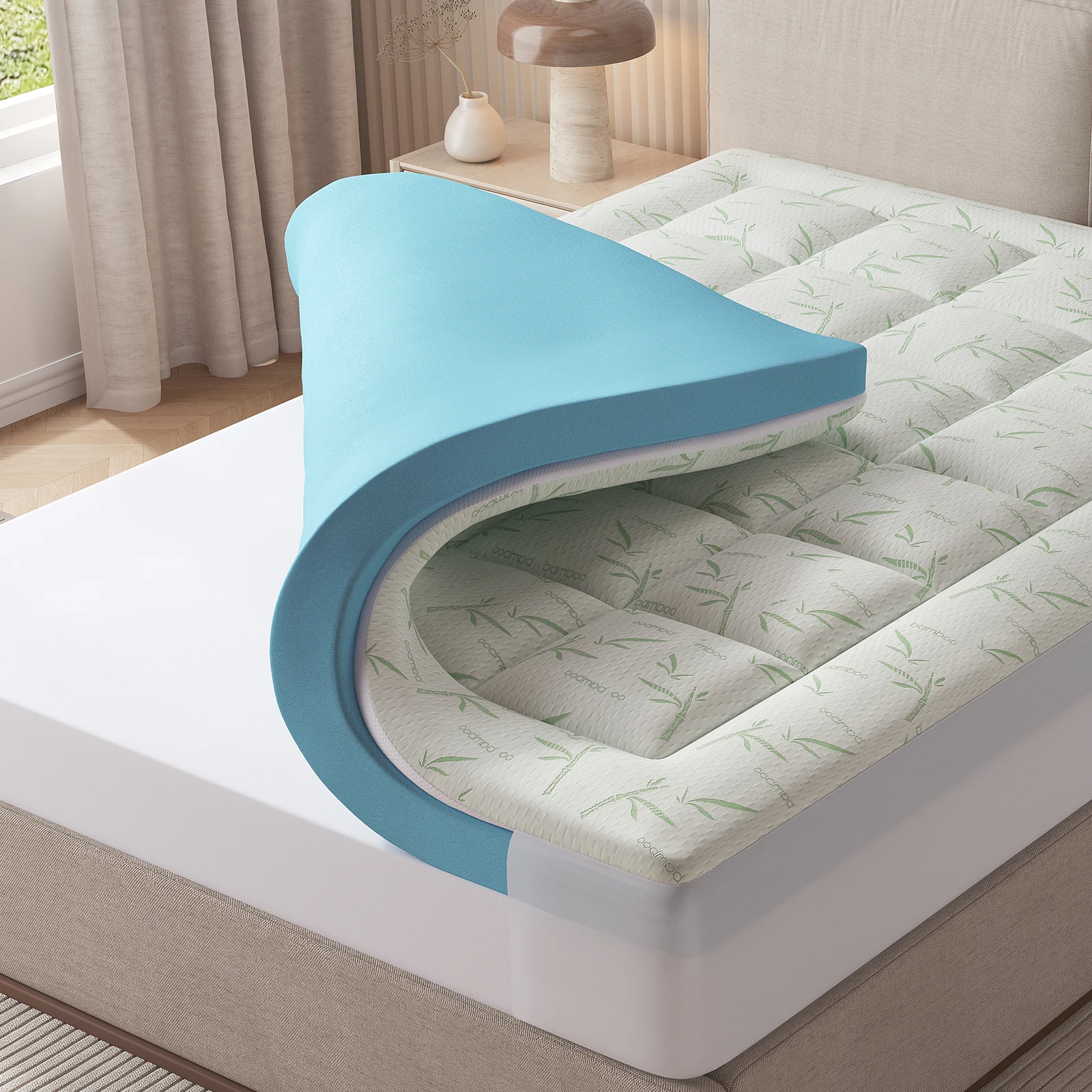 MCQ Dual Layer Mattress Topper Gel Memory Foam and Soft Pillow Top Mattress Pad Cover Gel Breathable Cooling Mattress Soft Bed Topper Home Bedroom Furniture