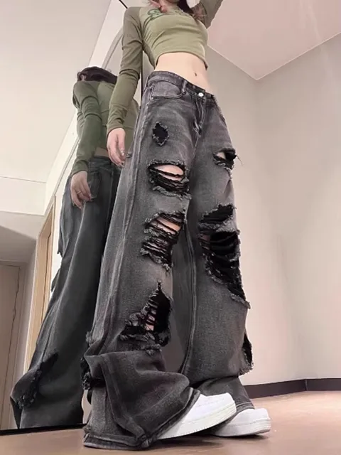 Women's Ripped Jeans Baggy Vintage Aesthetic Streetwear Cowboy Pants Harajuku Oversize Denim Trousers Y2k 2000s Trashy Clothes 6