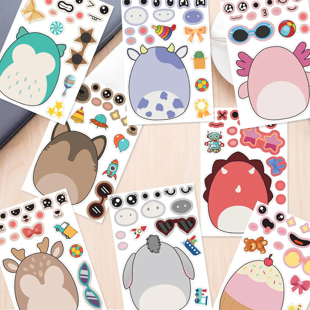 8Sheets Cartoon Gummies DIY Puzzle Stickers Dress Up Game Face Funny Jigsaw Education Assemble Stickers