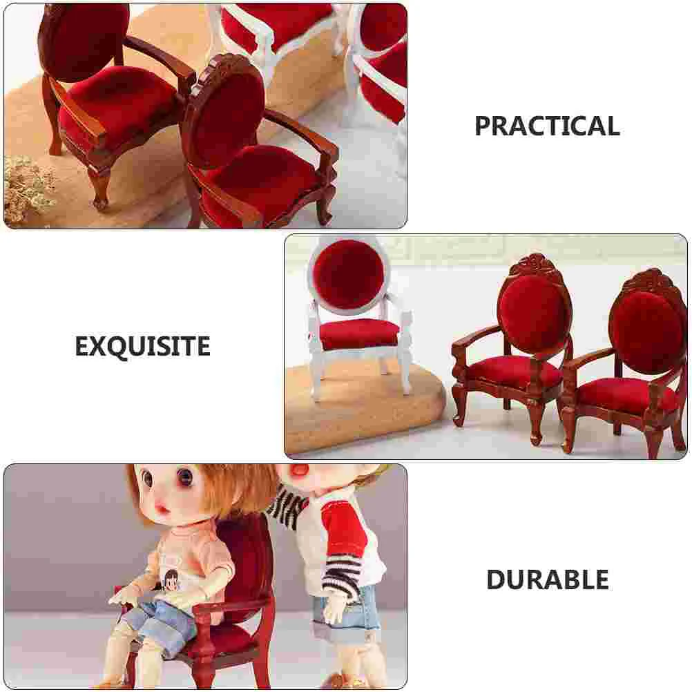 2 PCS Baby Toy Mini Chair Model Red Wood Color Armchair House Ornament Wooden Furniture DIY