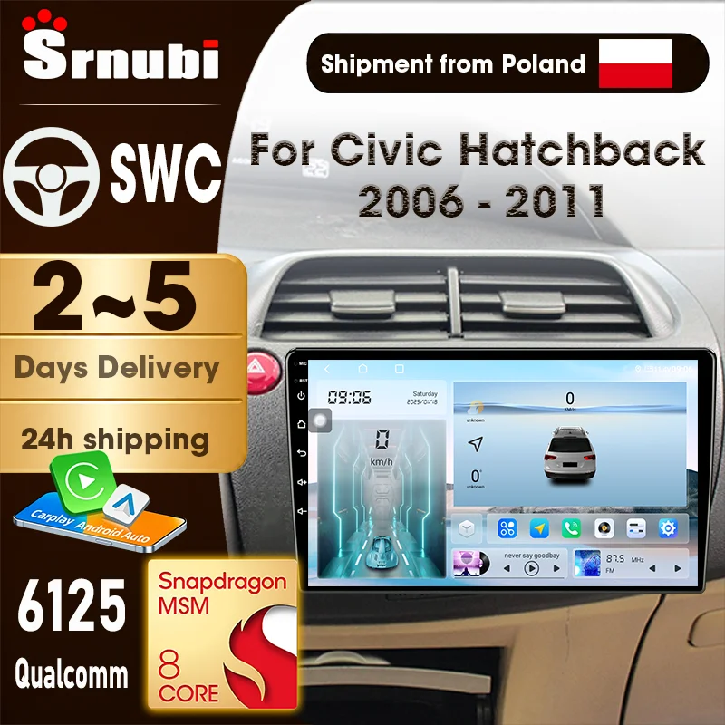 Radio para automóvil con GPS y pantalla táctil QLED, compatible con Honda Civic Hatchback 2006-2011. Incluye Carplay, Android Auto, sistema multimedia, procesador Qualcomm 6125 de 8 núcleos, Wi-Fi de 5 GHz, Bluetooth 5.4, ventilador de refrigeración integrado, cámara de visión trasera y sistemas inteligentes para automóviles.