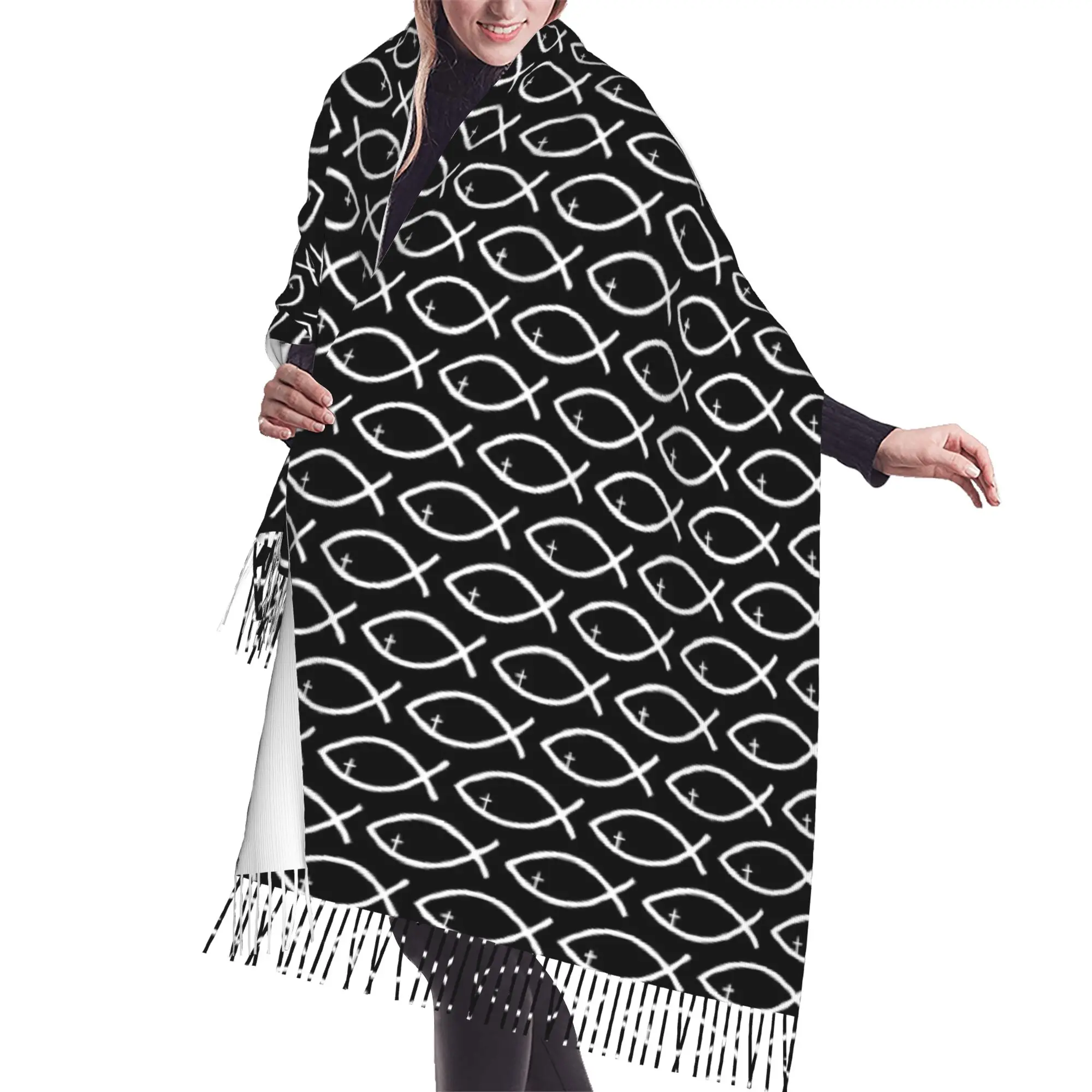 Custom Jesus Fish Cross Christ Symbol Religious Tassel Scarf Women Soft  Shawls Wraps Lady Winter Scarves