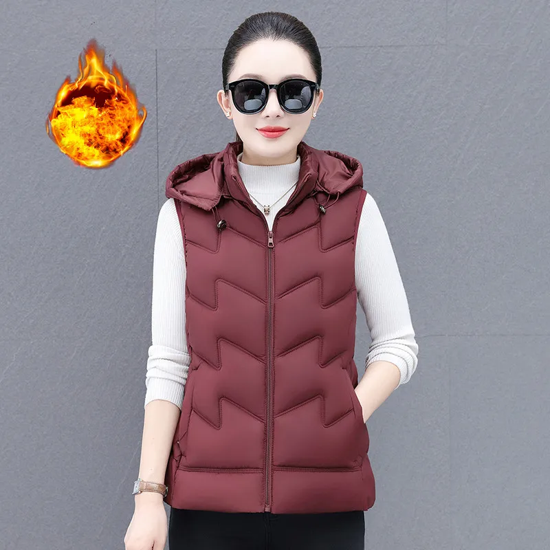 

Новый осенне-зимний толстый теплый повседневный жилет для мам среднего и пожилого возраста, женский модный свободный и универсальный жилет с капюшоном