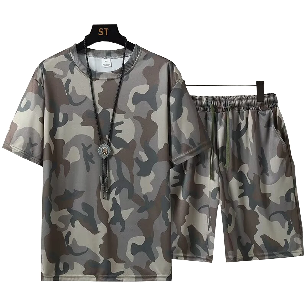 Men's Short Sleeved T-shirt Casual Shorts Set Round Neck Camouflage Pattern Spring Summer Sports Young Student Clothing