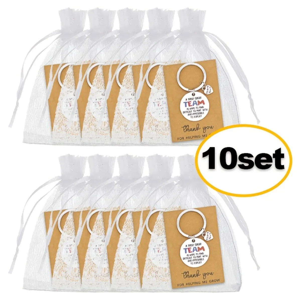 10 sets metalen motiverende sleutelhangers, teamwerksleutelhangers met inspirerende offertekaarten, voor werknemer waardering bedrijfscadeau