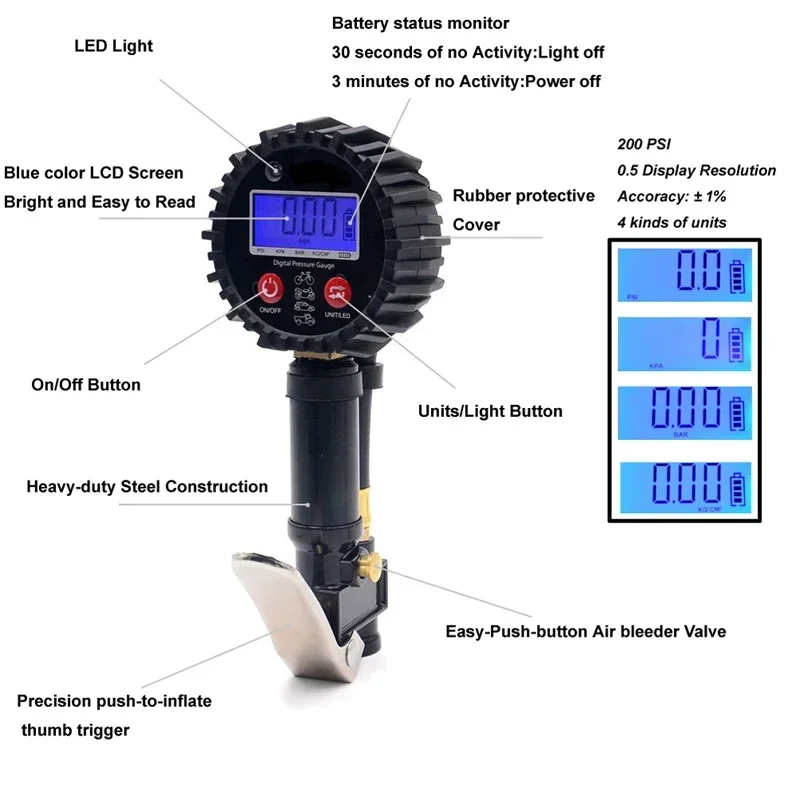 1/4 NPT Quick Connect Digital Tire Inflator with Pressure Gauge 0-200PSI Air Chuck and Compressor Accessories Tire Repair Tools