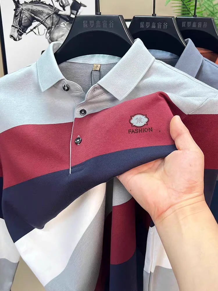 

Fashion color blocked striped long sleeved polo shirt men high-end cotton lapel top autumn brand embroidery casual Paul T-shirt