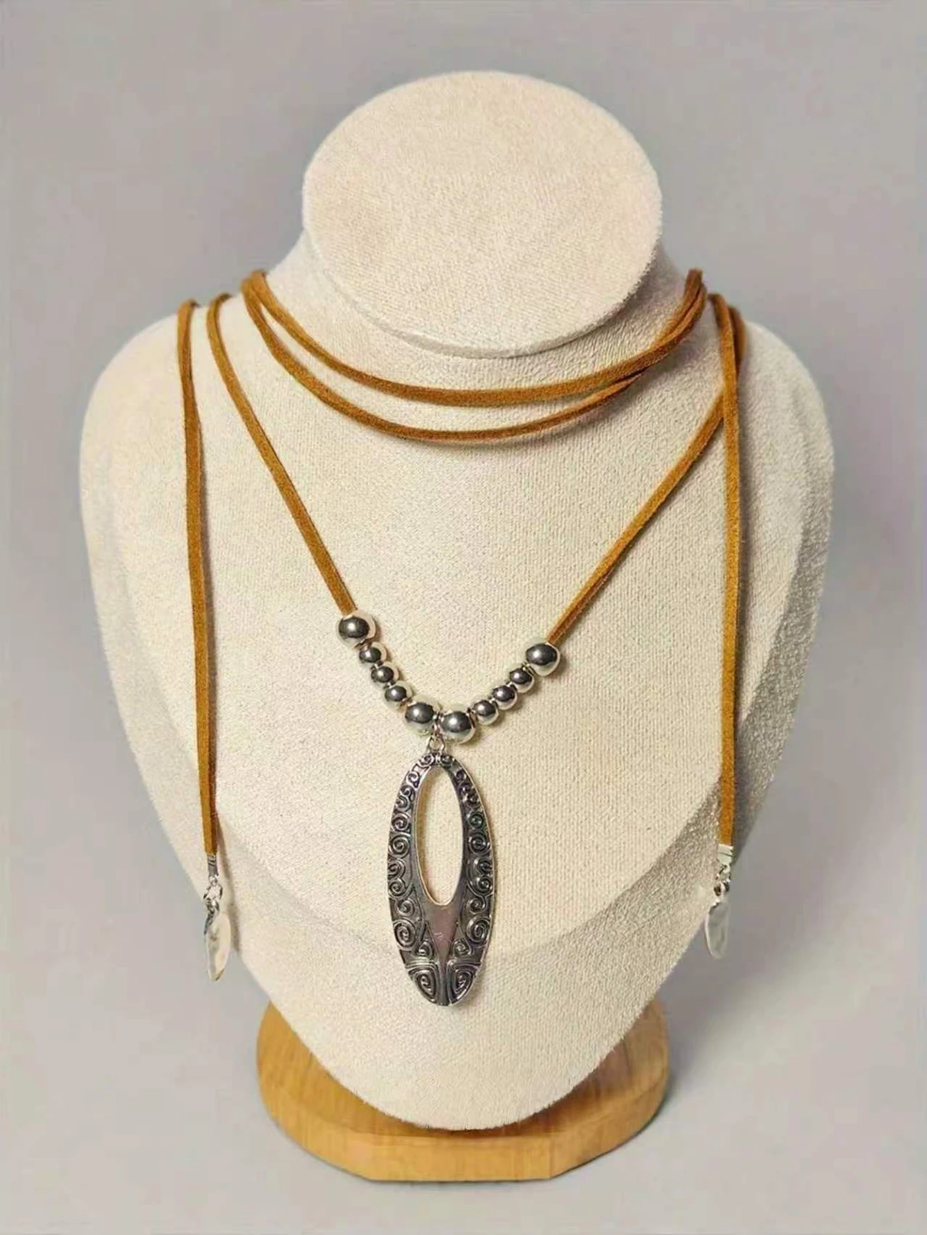 Vintage Boho Suede Cord Necklace Antique Silver Oval 2 Vintage Boho Suede Cord Necklace Antique Silver Oval