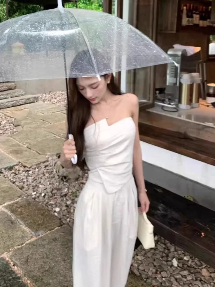 Set Celana Solid Desain Chic Korea Baru Atasan Bungkus Berlipat Tidak Beraturan Wanita + Setelan Celana Kaki Lebar Musim Panas Y2k Set 2 Potong Pinggang Tinggi