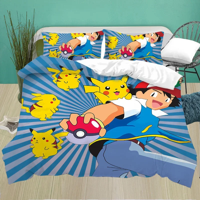 Pokemon Cartoon Quilt Cover Printed Bedding Suit Pikachu Strip Bed, Baby Kid Bedroom Bedclothes Bed Quilts Bedclothes 2/3pcs Set