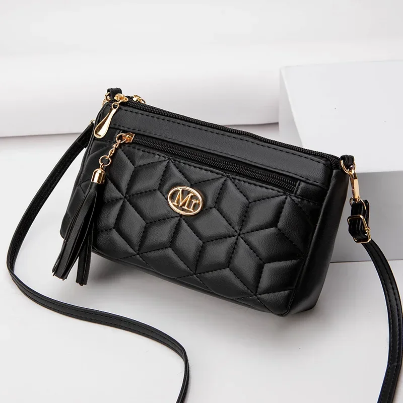 

Double Zipper Crossbody Bag 2024 New Fashion PU Diamond Lattice Shoulder Bag Tassel Decoration More Zipper Pocket Large Capacity