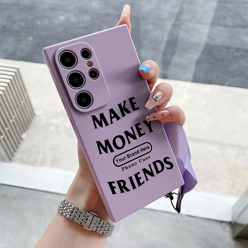 Casing Handphone Silikon Cair Mewah Merk Kustom dengan Tali Lanyard untuk Samsung Galaxy S25 Ultra S24 S23 FE S22 S21 S20 Plus Penutup Belakang