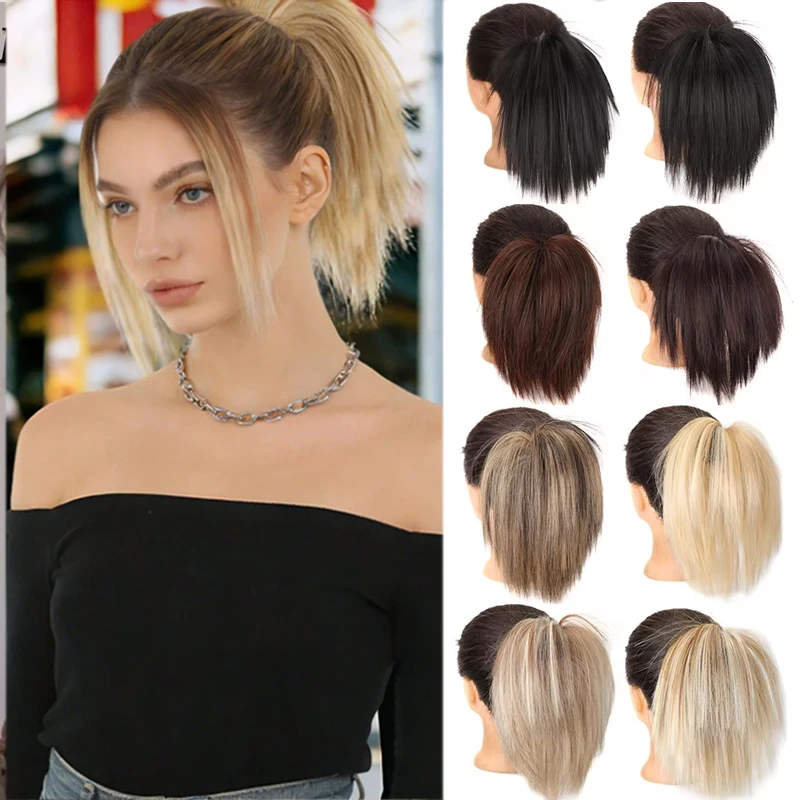 Straight Hair Bundle Extension - Short Ponytail Brown Hair Bundle Extension，Synthetic Messy and Fluffy Straight Hair Buns ﻿