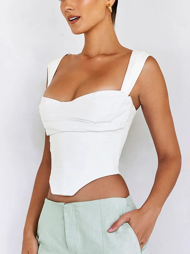 NewAsia White Boned Corset Top Cut out Ruched Double Layers Elastic Pads Zip Off Shoulder Tank Top Summer Sexy Fashion Top Women