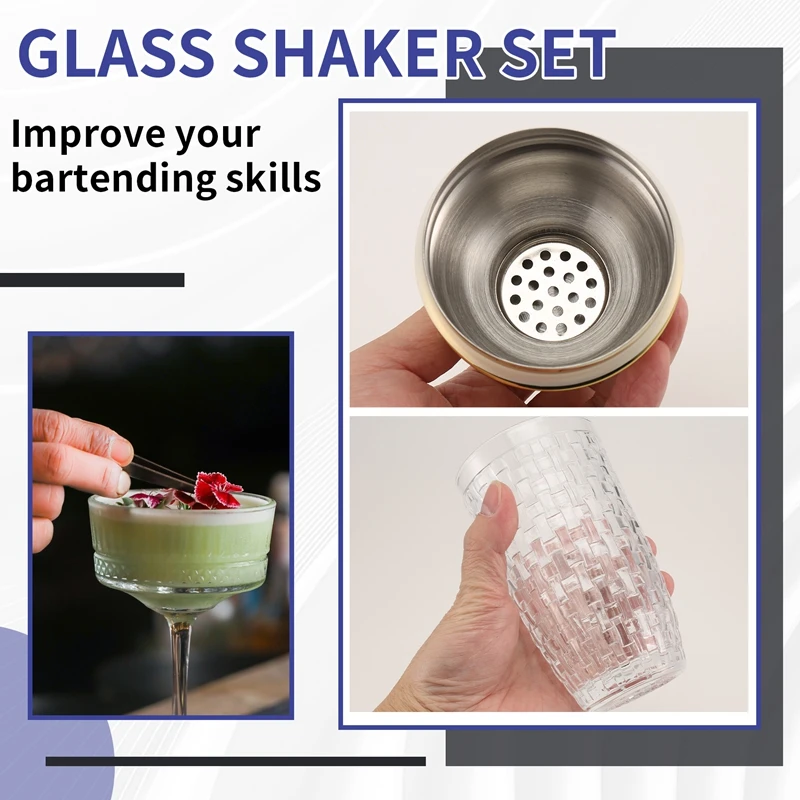 ●13Oz Glass Cocktail Shaker Set - Glass Shaker for Cocktails, Drink Shakers Cocktail and Cocktail Shakers Gold