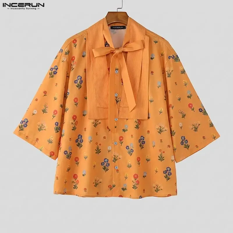 INCERUN Men Shirt Flower Printing Patchwork Lace Up 3/4 Sleeve V Neck Tie Up Male Tops Streetwear Loose 2026 Casual Men Clothing