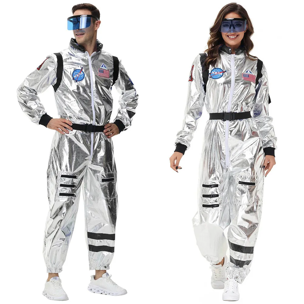 

Adult Silver Astronaut Costume Men Women Spaceman Suit Space Jumpsuit Halloween Cosplay Party Dress Up