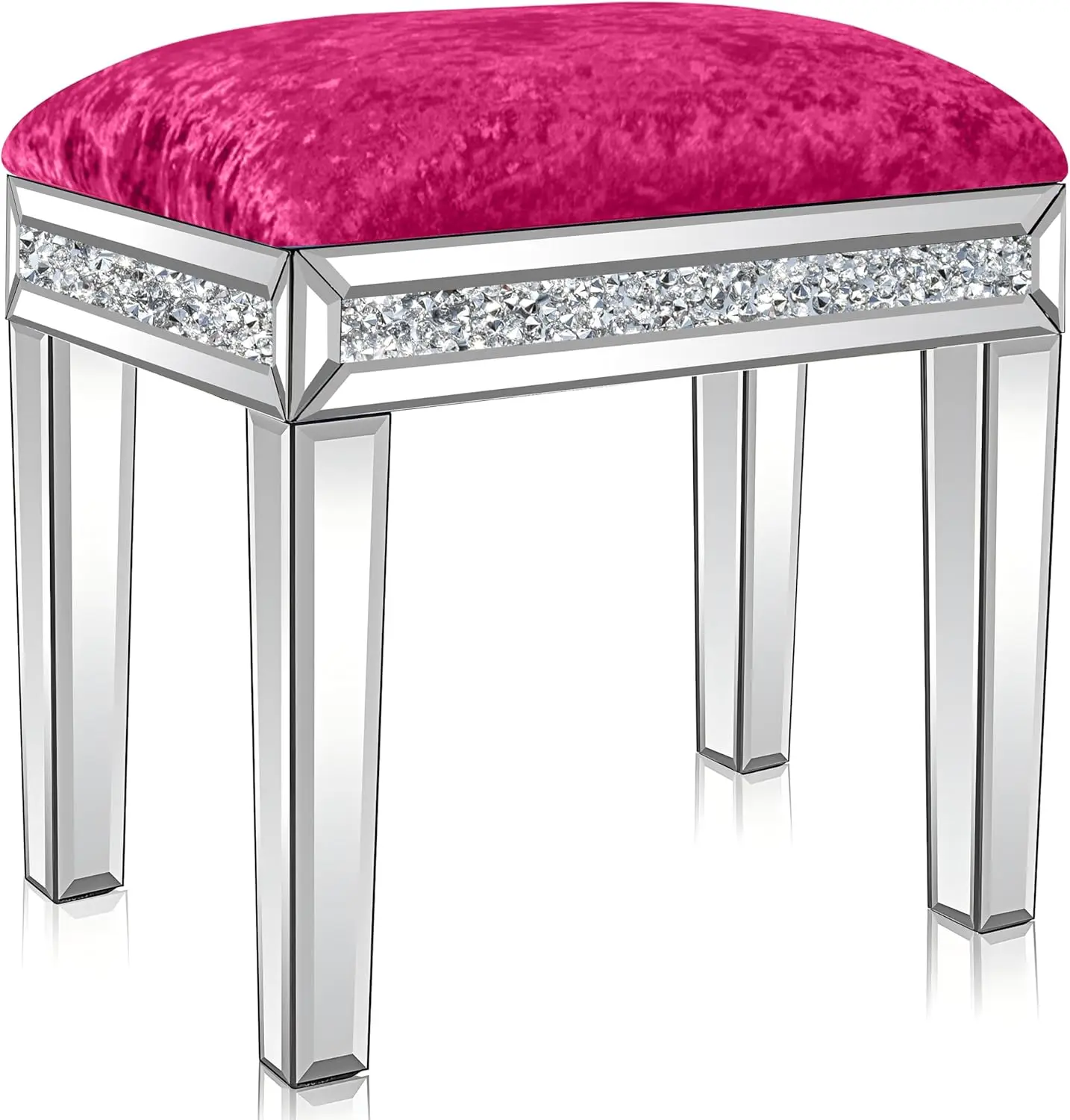 Mirrored Vanity Stool With Crushed Diamond, Elegant Velvet Makeup Chair In Rose Pink, 18