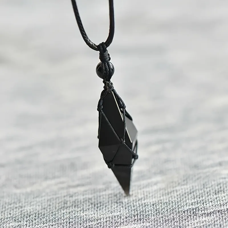 Black Obsidian Arrowhead Crystal Pendant Necklace Men Women Natural Stone Healing Crystal Wrap Cord Necklace Daily Wear Jewelry