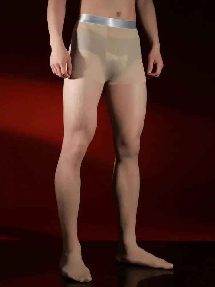 Sexy Men Traceless Silver Waist Pantyhose High Elastic Oil Shiny Sheer Tights Stocking Man U Convex Pouch Shaping Pantyhose - view 4