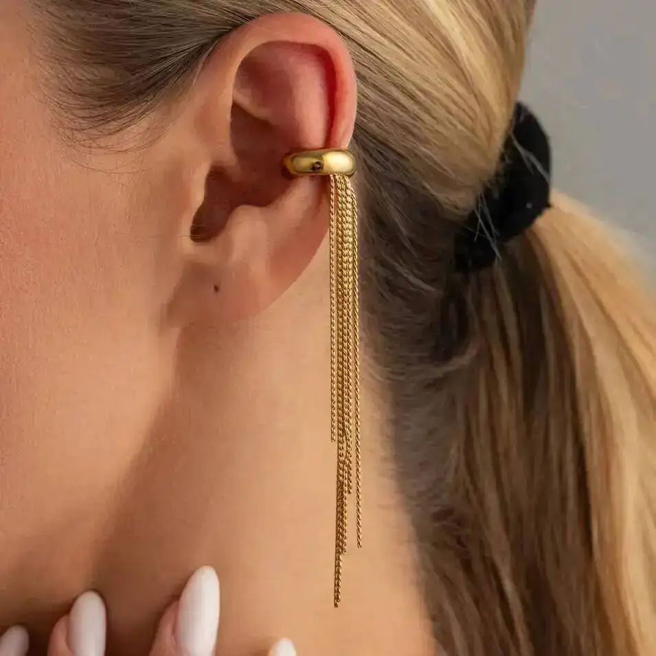 

Lacteo 2026 Trendy Luxury 18K Gold Plated Stainless Steel Tassel Ear Clip Women Smooth Non Piercing Earring Waterproof Jewelry