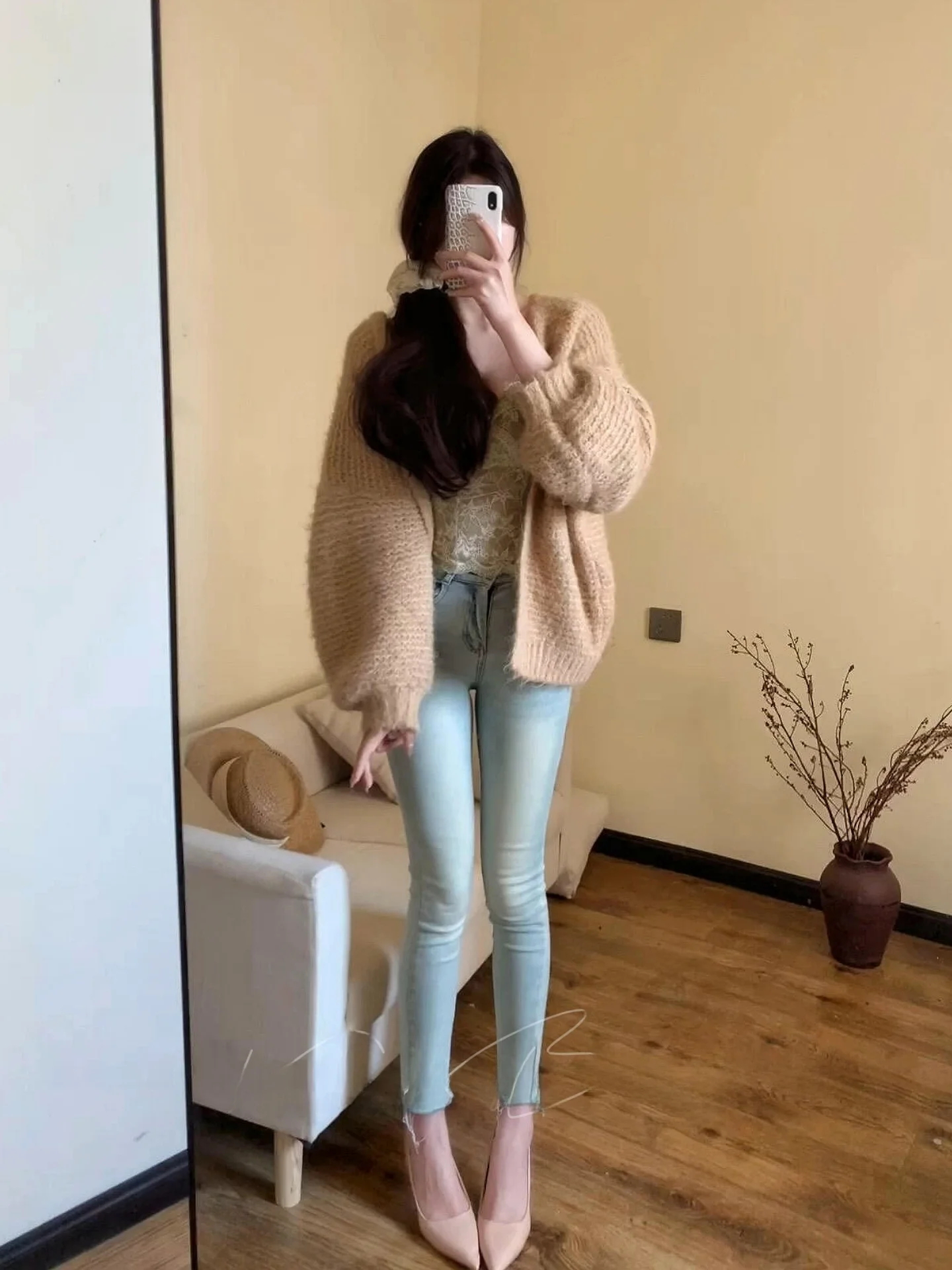 

Spring High Waist Slim Fit Women's Jeans Light Blue Waed Denim Pants Elastic Cotton Stretch Fabric Trendy Versatile Nine-Piece