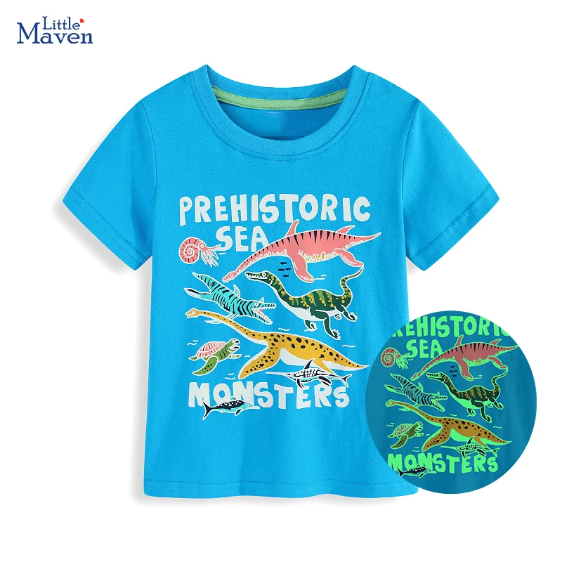 Little maven 2026 Summer New Fashion Boys T-shirt Luminous Dinosaur Animals Cotton Causal Clothes Tops for Kids 2-7 year