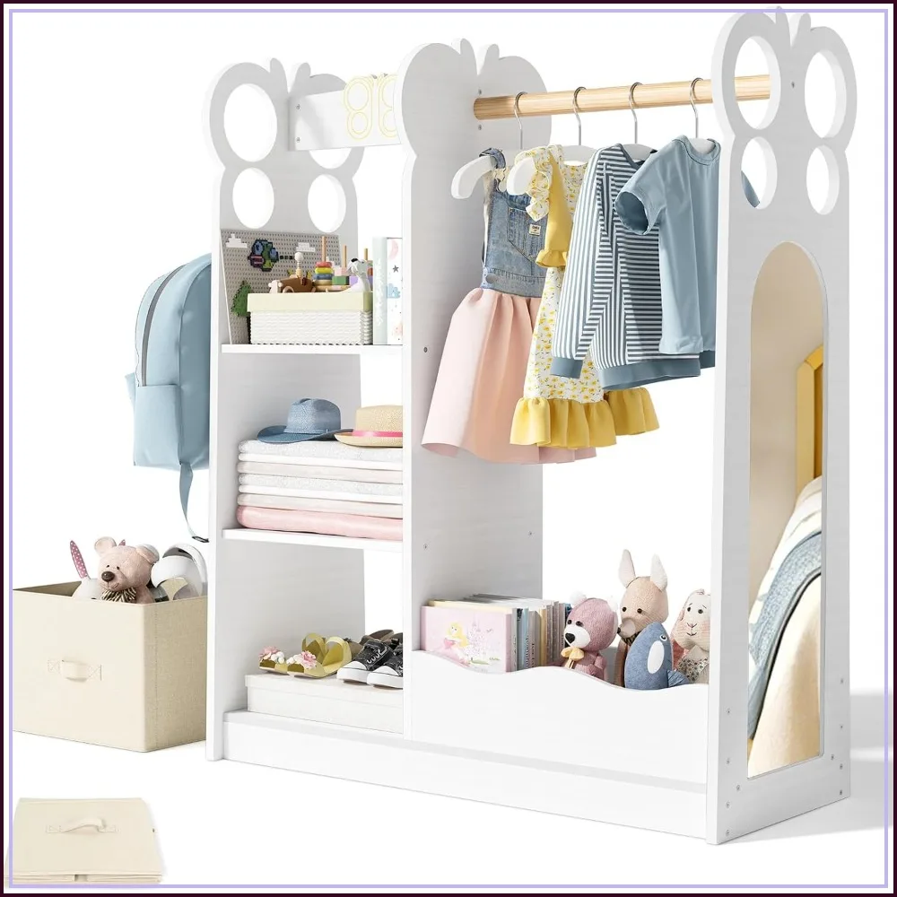 Kids Wardrobe with Mirror, Toddler Costume Closet, 3 Shelves & Bins, White Butterfly