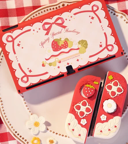 Protector de carcasa trasera dura de fresa para Nintendo Switch/controlador Oled Joy-Con, empuñadura de mano, botones ABXY, cubierta completa de silicona