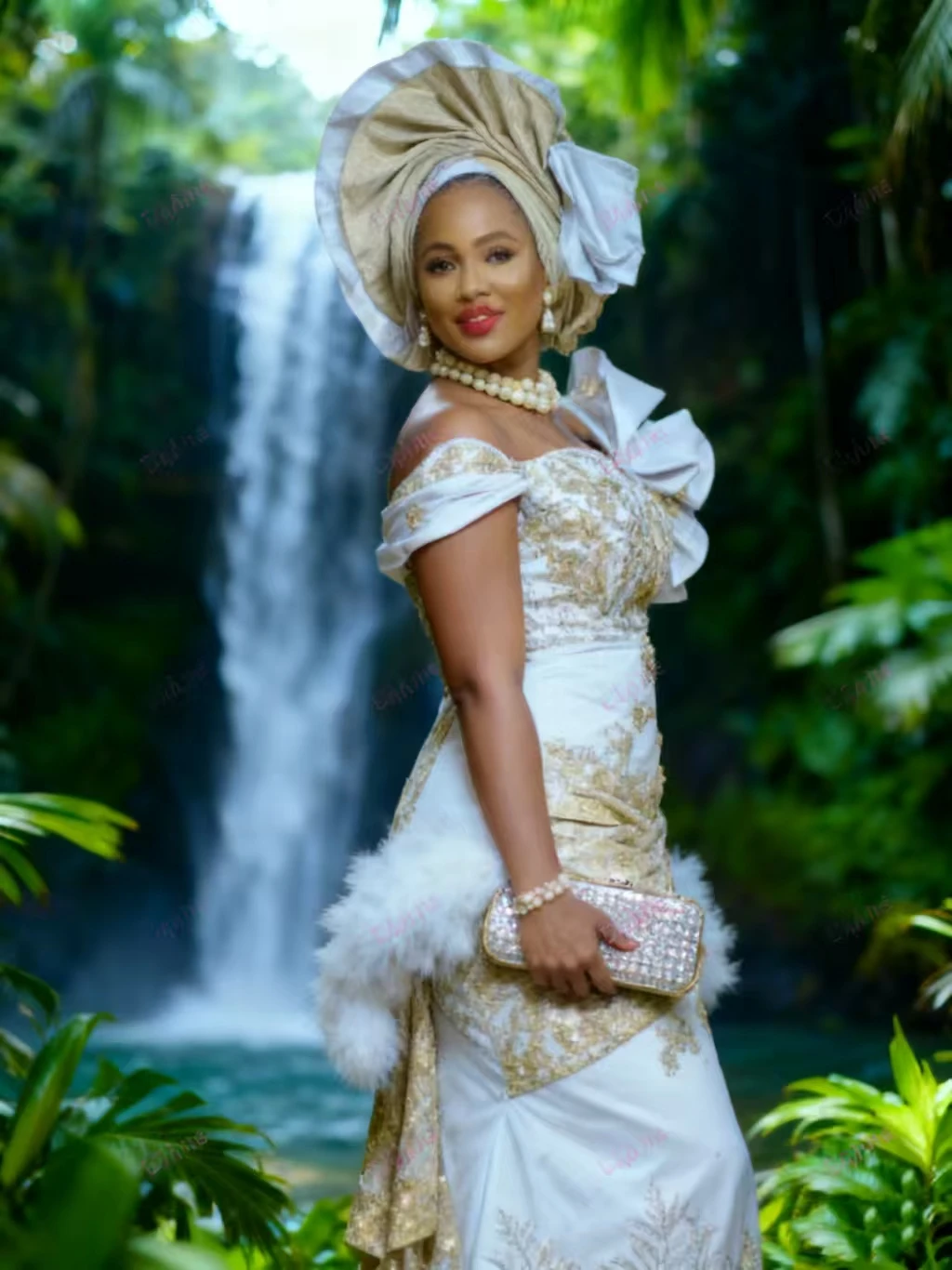 فستان زفاف أبيض نيجيري أفريقي فاخر مع دانتيل مطرز بالذهب عتيق مزين بفيستدو دي نويفال مخصص 0 يُباع بواسطة HJ-Weddi #5