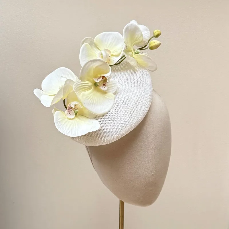 Pale Cream Orchid Sinamay Hat – Hand-Stitched Floral Headpiece with Elastic Band for Weddings, Derby & Formal Events