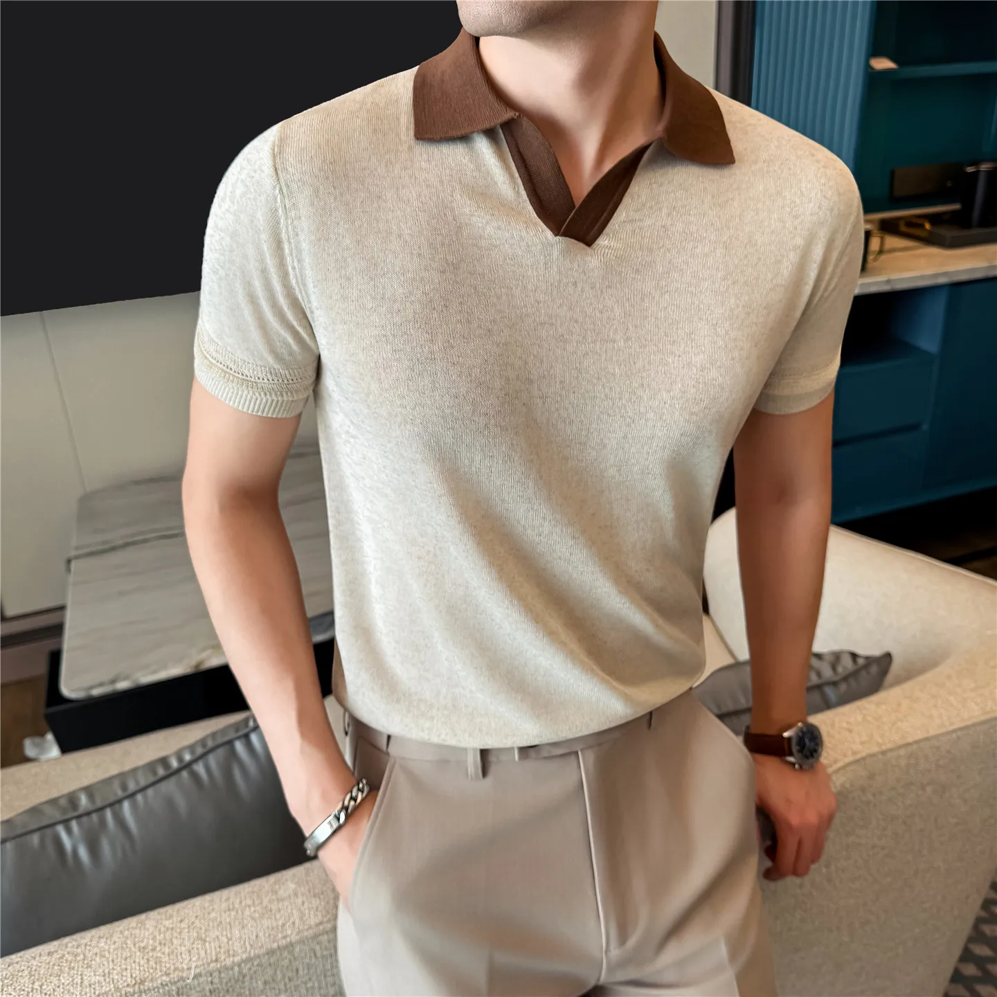 High Quality Men's Lightweight Polo Shirts Fashion Patchwork Turn Down Collar Short Sleeve Polos Men Breathable Casual Tops Tees