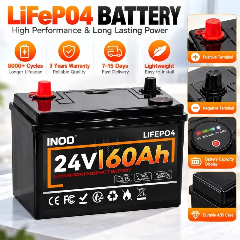 24V 60Ah LiFePO4 Lithium Battery 8000+ Cycles Deep Cycle Rechargeable Battery with BMS for Solar Storage RV Marine Off Grid