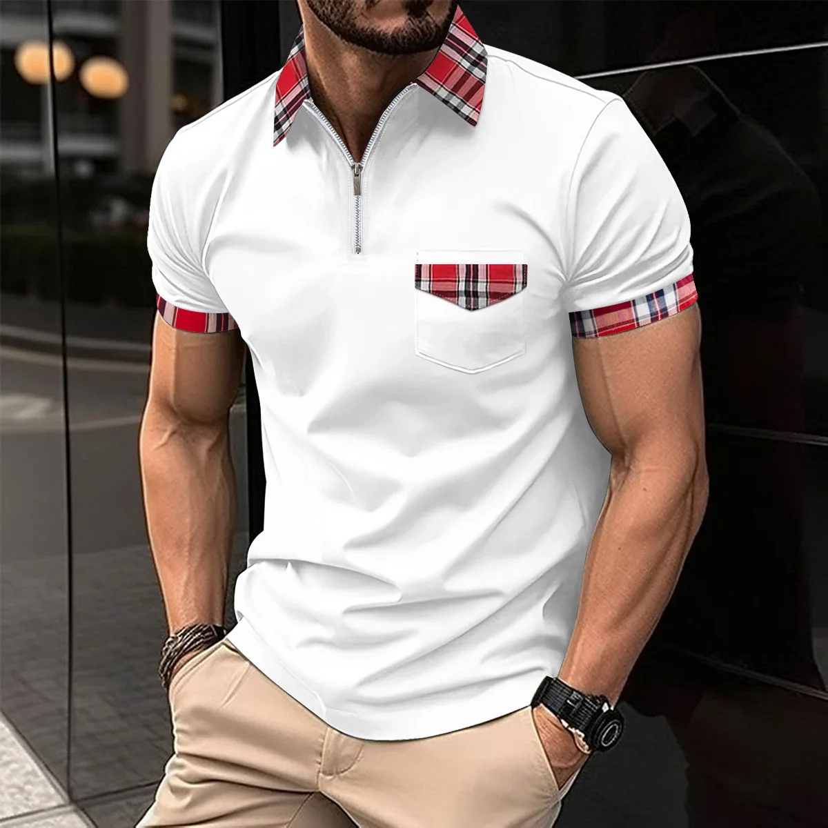 Cross-border 2024 Summer Men\'s checked POLO Shirt Stylish casual zipper pocket men\'s sports polo shirt