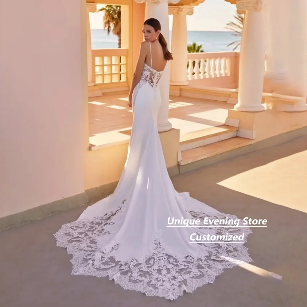 Customized Spaghetti Strap Wedding Gown V Neck Lace Satin Mermaid Wedding Dress Side Cutout Bridal Gown With Lace Train