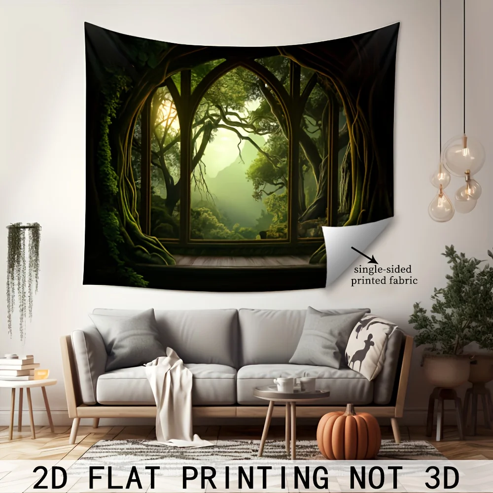 VIKAMA Forest Tree Window Secret Tapestry Hobbit Style Fake Window Wall Hanging for Bedroom Living Room Homestay Deco