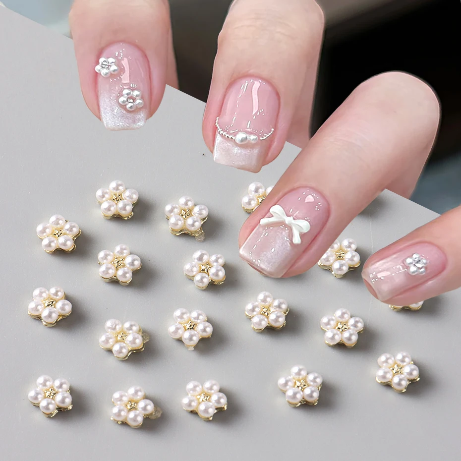 ชุดตกแต่งเล็บลายดอกไม้มุก 20 ชิ้น ดอกไม้สีขาวขนาดเล็ก ชาร์มตกแต่งเล็บ เครื่องประดับเล็บ หมุดยึดตกแต่งเล็บ อุปกรณ์ทำเล็บ