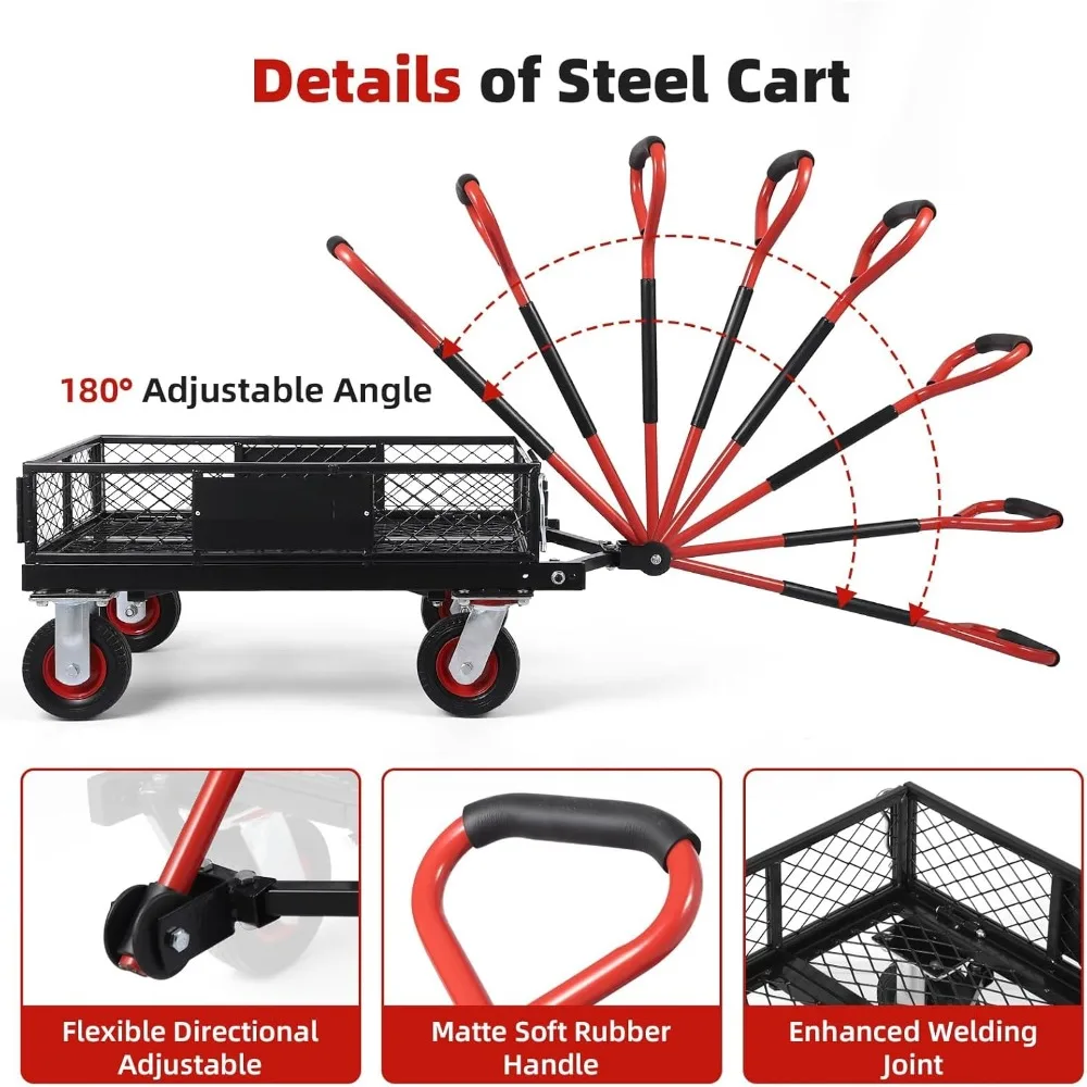 Carrinho de jardim dobrável resistente de 360 libras - vagão utilitário de aço com alça giratória e lados removíveis para trabalho em quintal